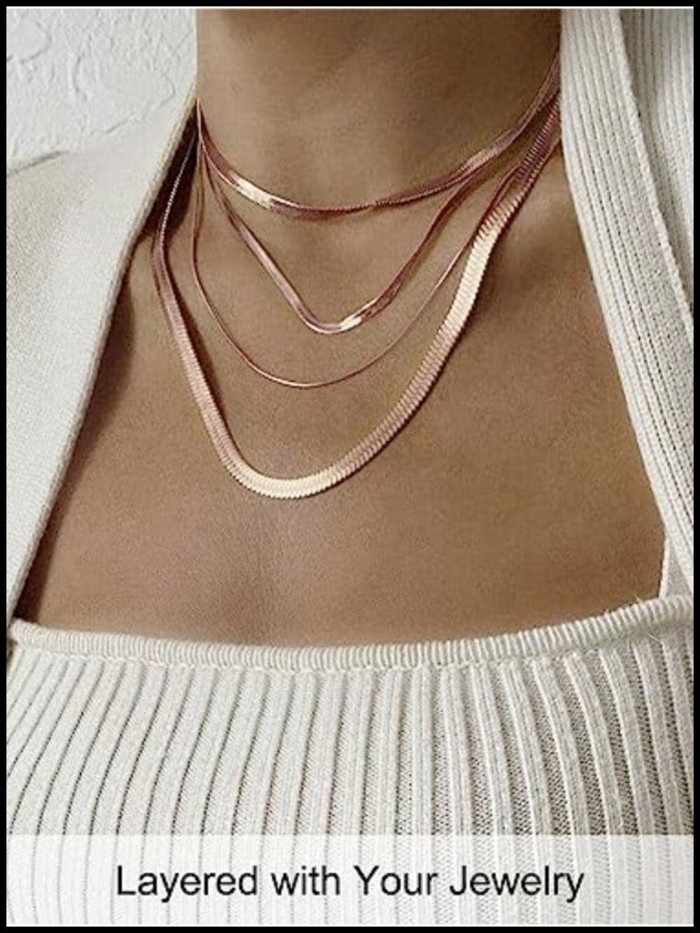 14K Gold Plated Herringbone Choker Necklace Stainless Steel Flat Snake Chain - Picture 3 of 6